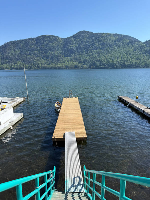 New wooden floating dock and aluminum gangway on a lake, with forested mountains behind